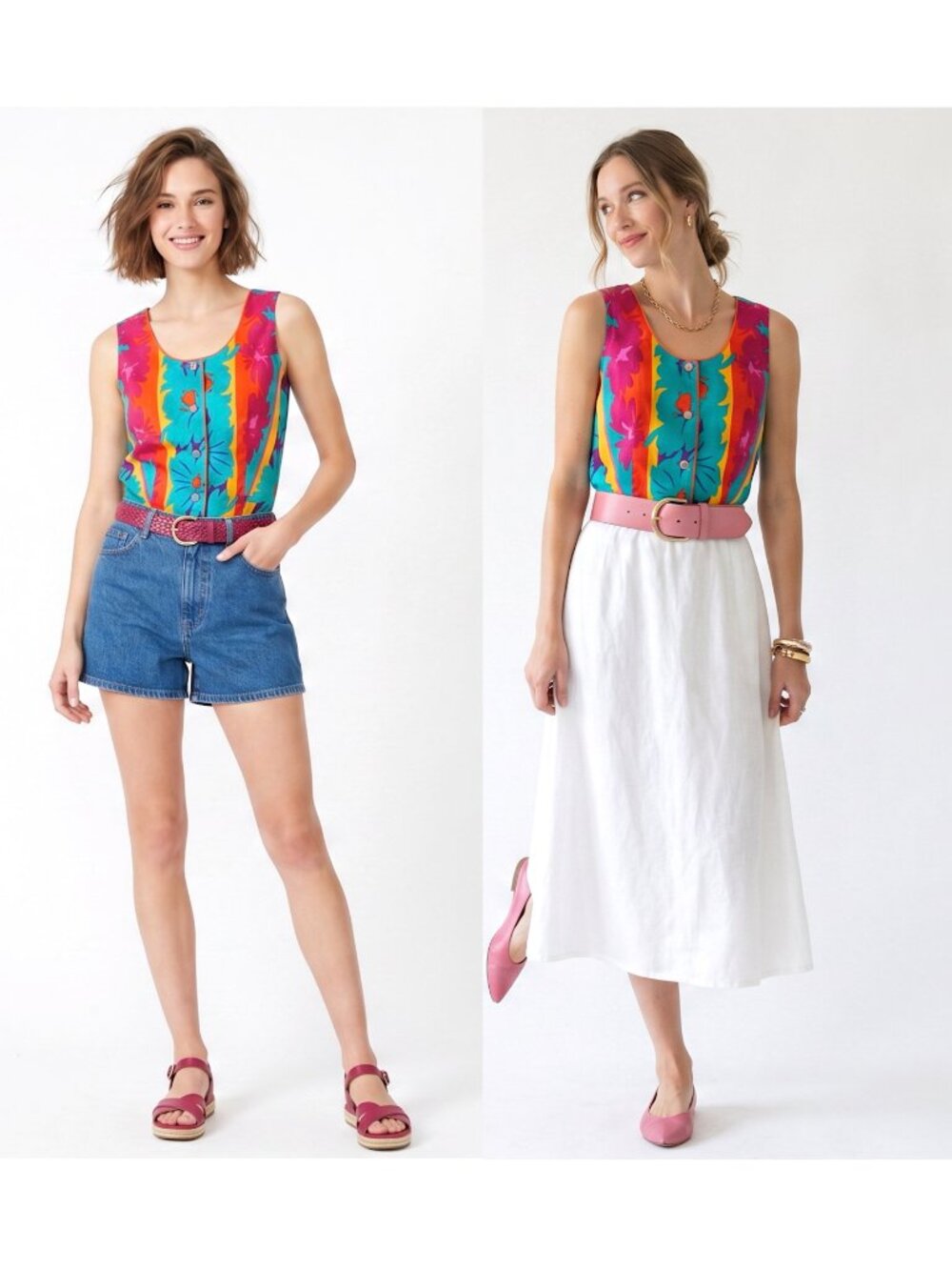 Vintage 80s Tropical Floral Cotton Crop Top Bright Sleeveless Blouse S